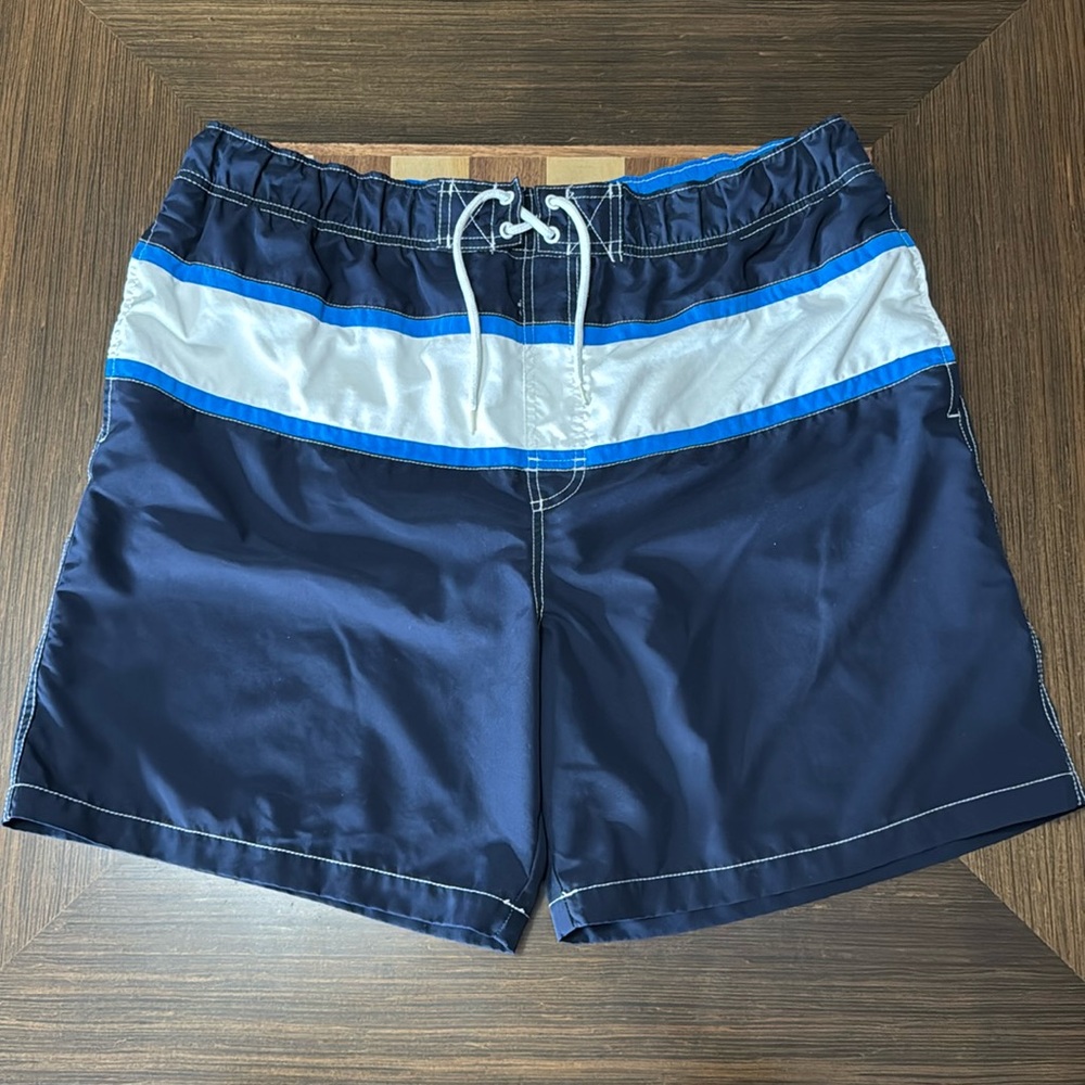 Faded Glory blue color block drawstring waist swim trunks mens size L (36-38).